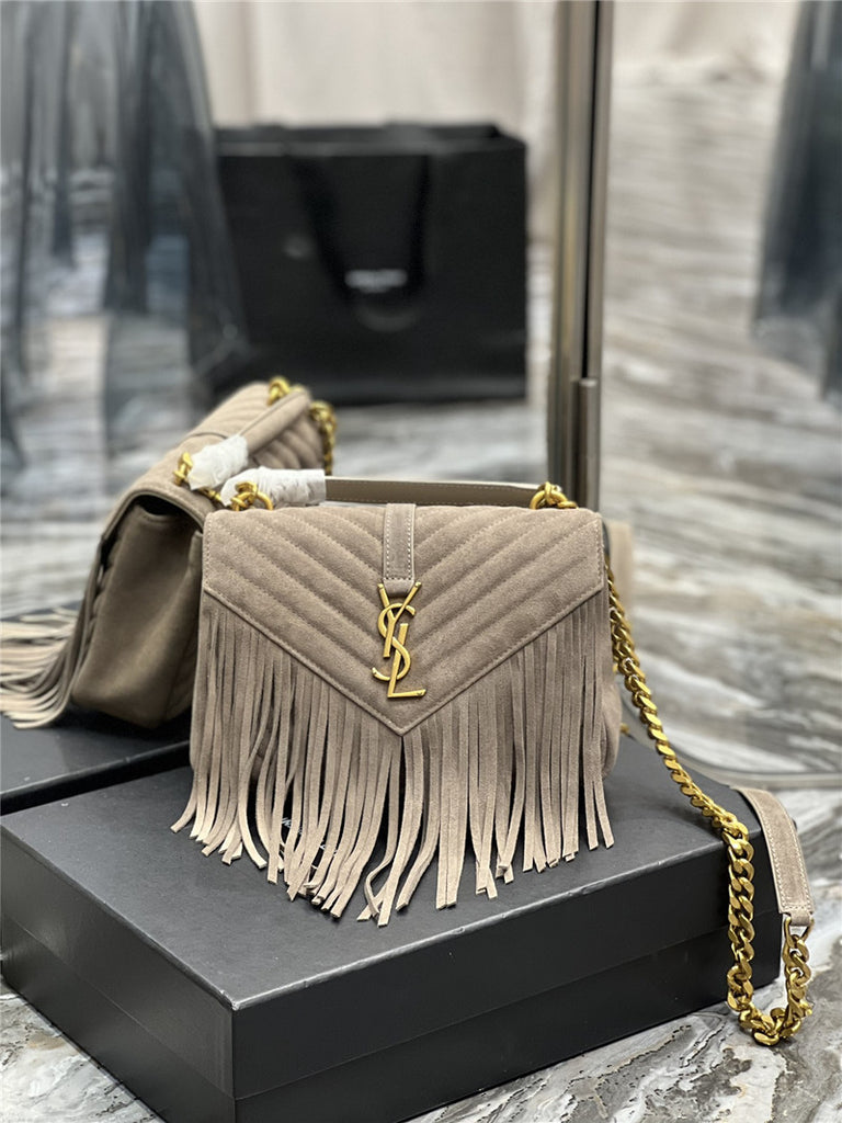 YSL College Medium Chain Bag - Light Suede with Fringes, Affordable Luxury Bags by Pochettebag