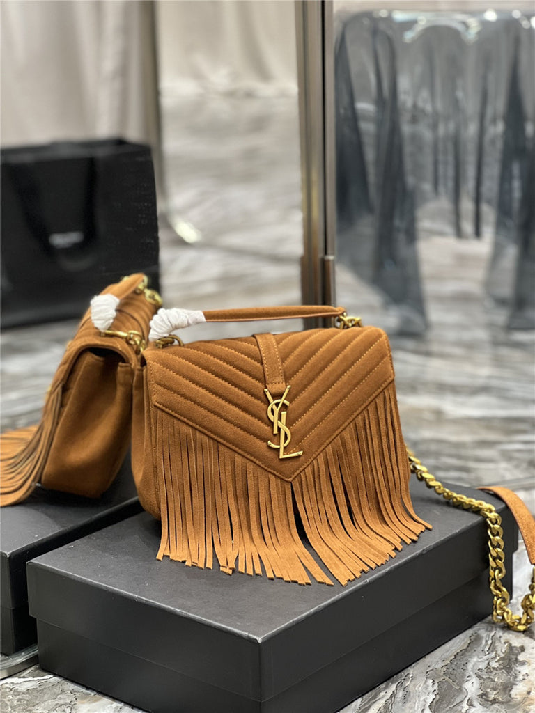 YSL College Medium Chain Bag - Light Suede with Fringes, Affordable Luxury Bags by Pochettebag