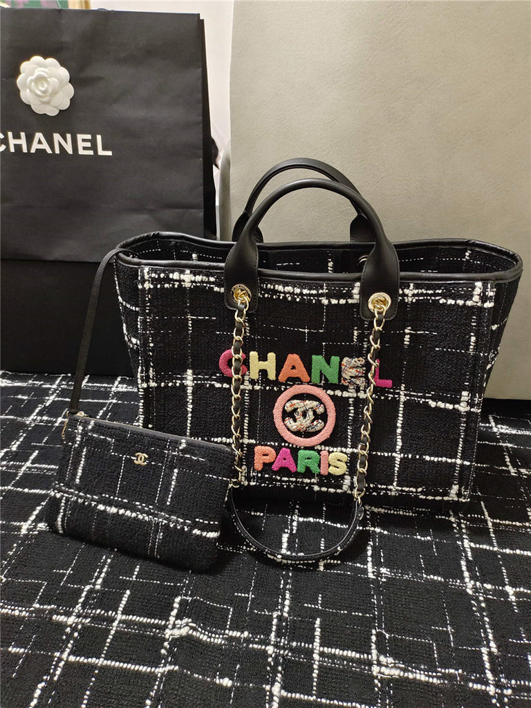 Chanel Large Shopping Bag Black White &amp; Multicolor