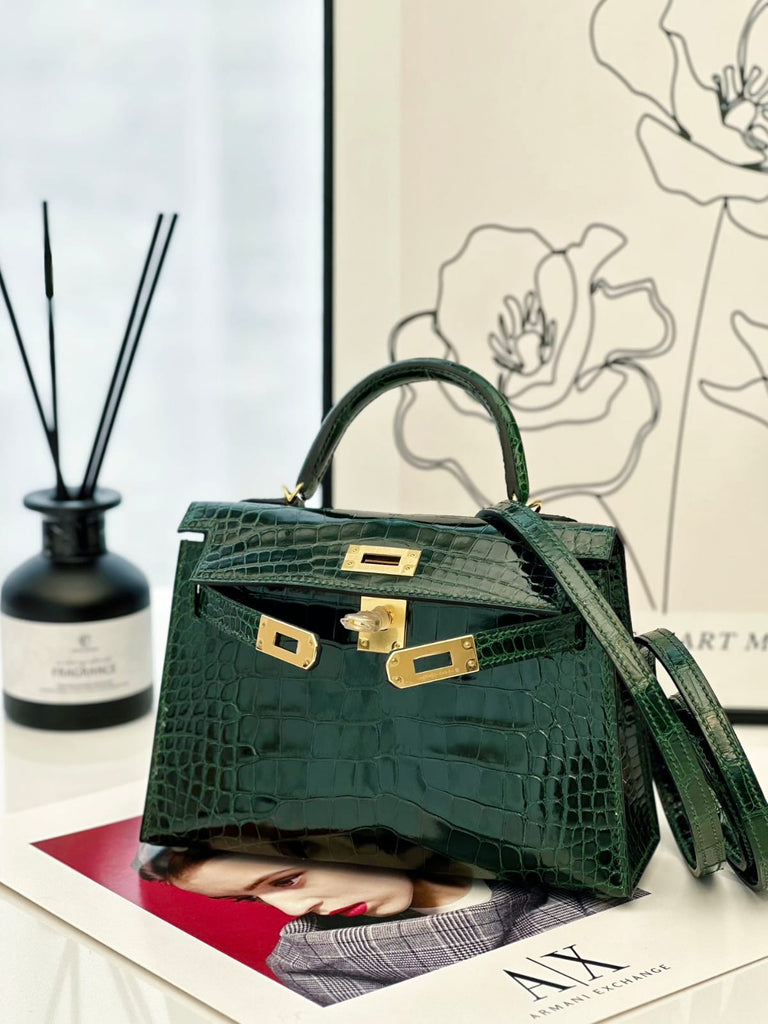 Fake Hermes Kelly Sellier Mini II Vert Fonce Lisse Crocodile Alligator Pochettebag Pochettebags