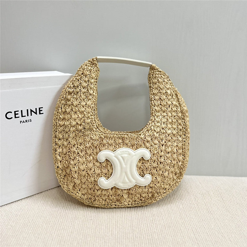 Celine Classic Panier Hobo Bag In Raffia And Calfskin Leather