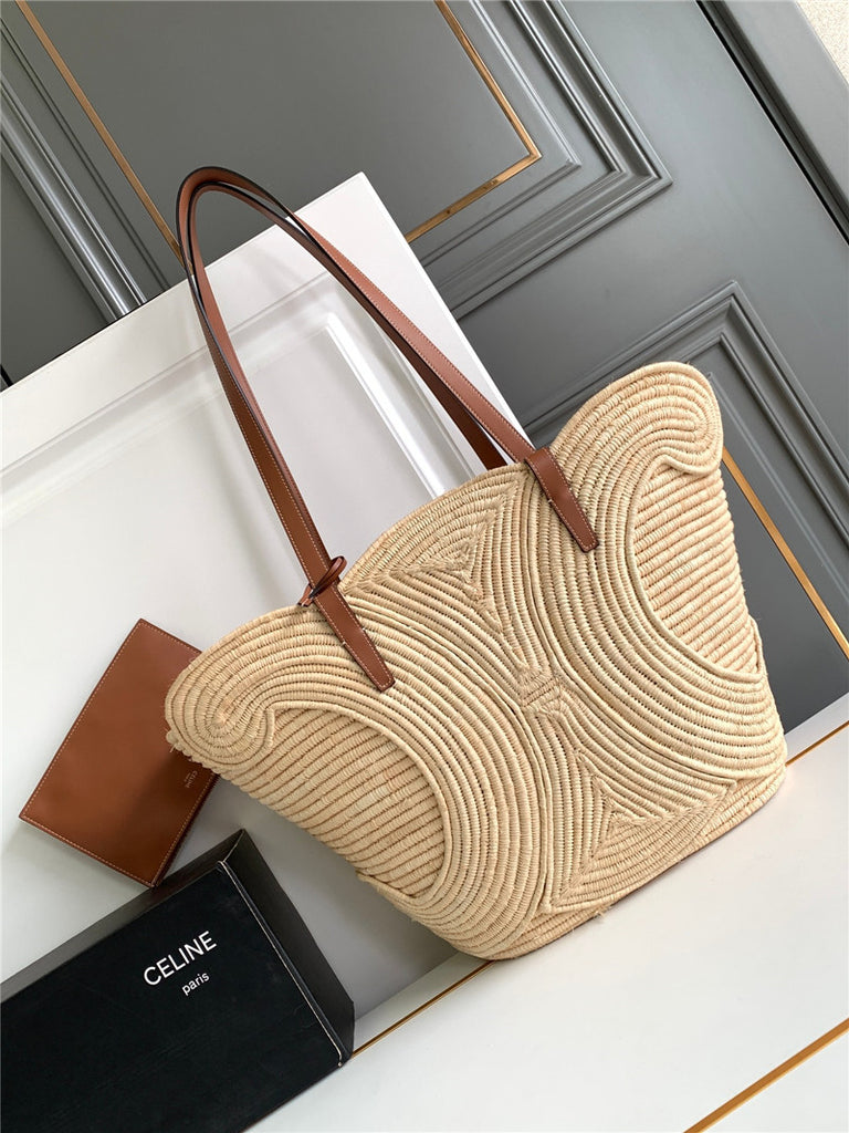 CELINE Classic Panier Medium Braided Triomphe in Raffia and Calfskin