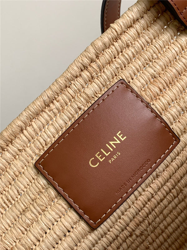 CELINE Classic Panier Medium Braided Triomphe in Raffia and Calfskin